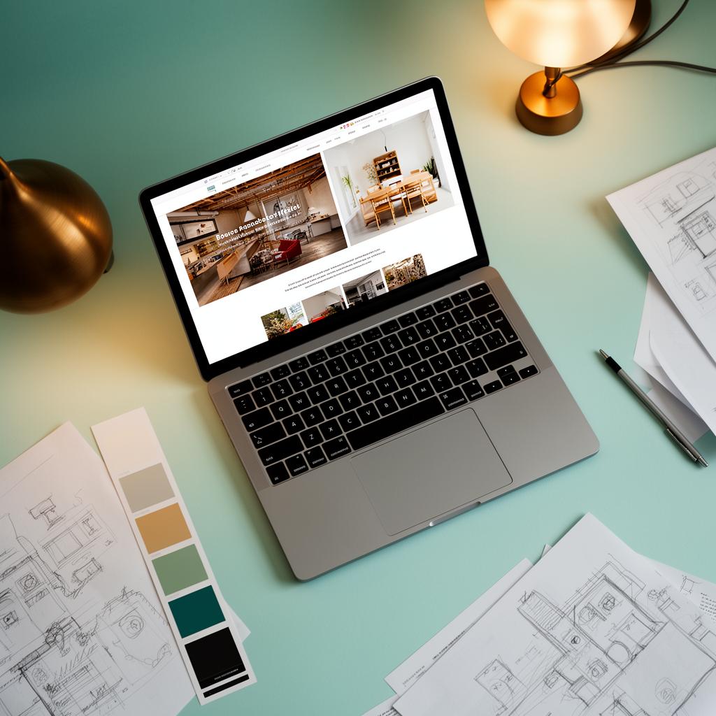 Designer desk with bespoke website on laptop