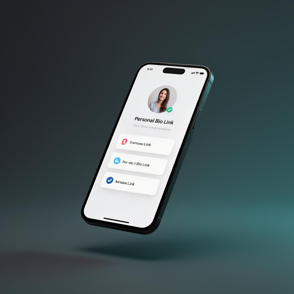 Floating smartphone showing a personal bio link page