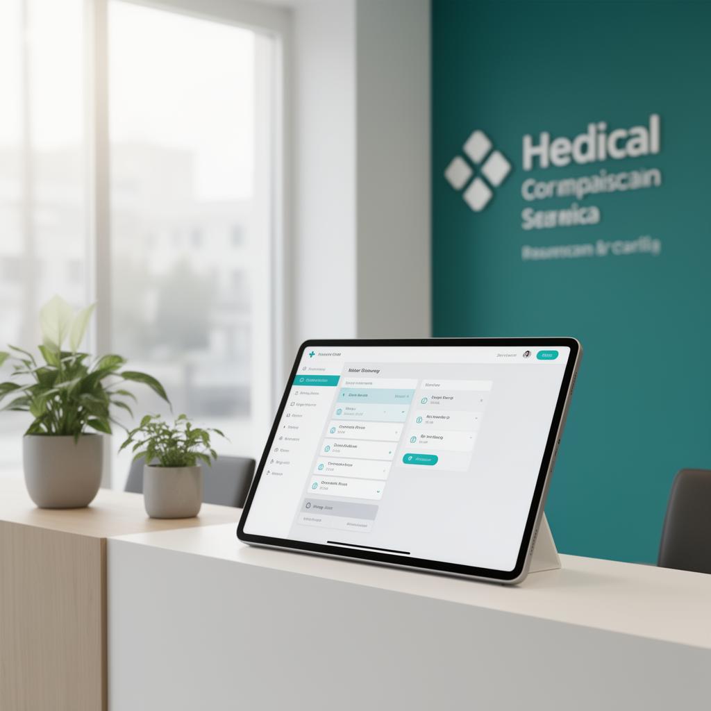 Modern clinic reception with appointment scheduler tablet